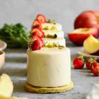 white peach, strawberry & pistachio mousse cake